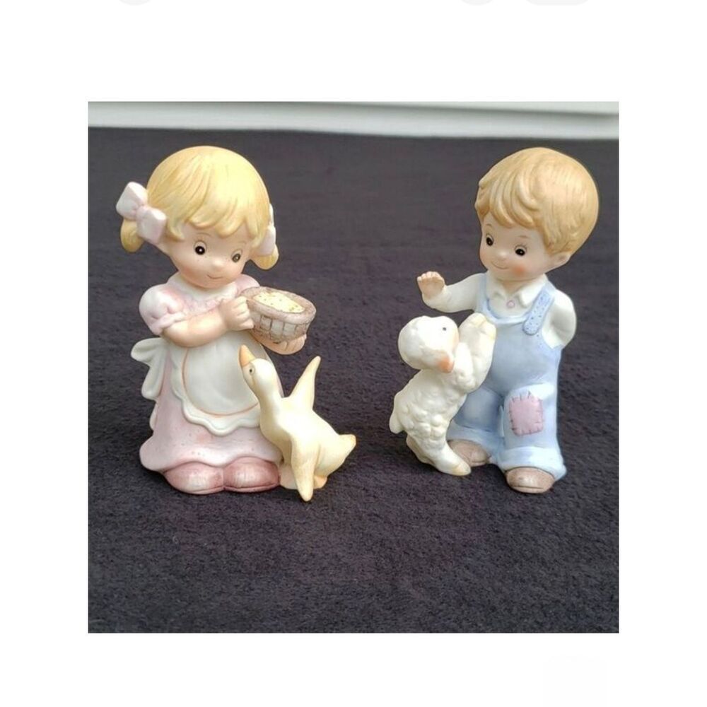 Vintage Homco Pair of Porcelain Figurines Girl with Duck Boy with Lamb #1449